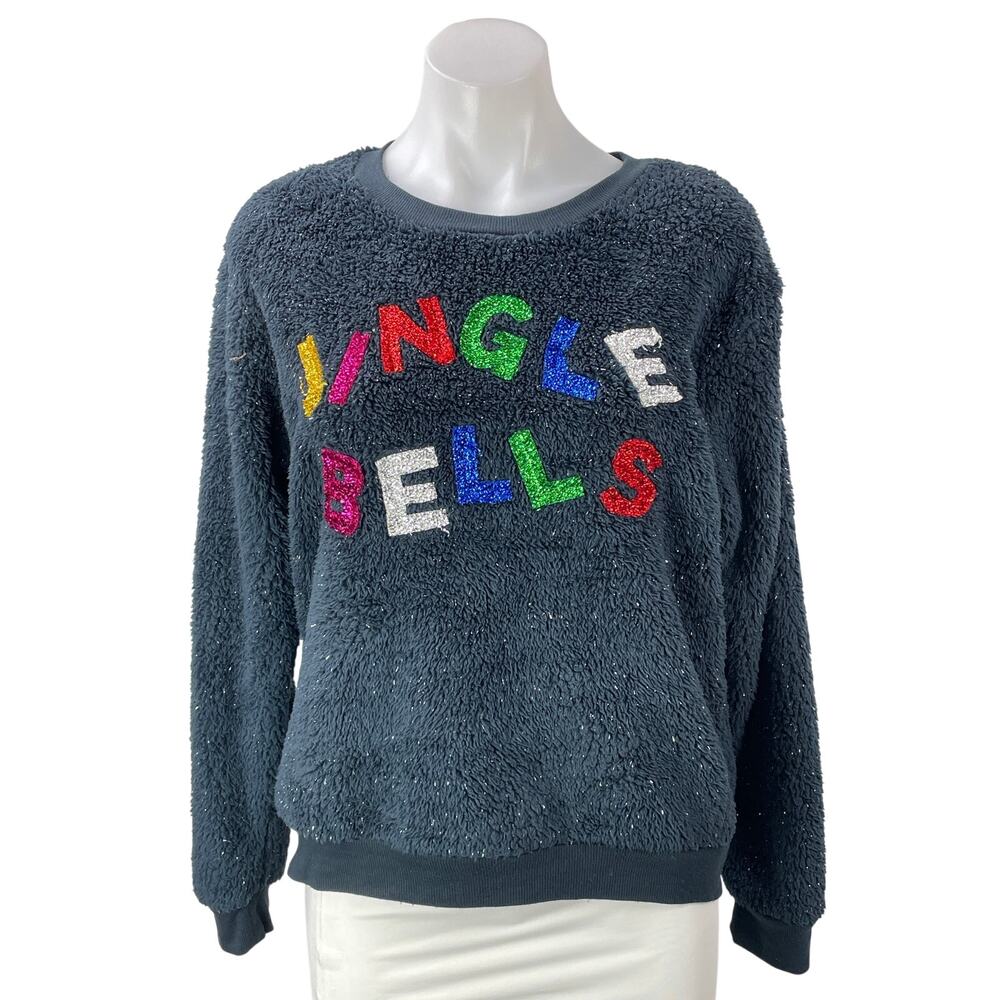 Weekending Gray Jingle Bells Christmas Long Sleeves Fuzzy Fleece Sweater Top M
